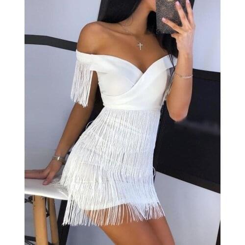 Sexy Slash Neck Tassel Party Dress Women Elegant White Vestidos Off Shoulder Autumn Vintage Dresses