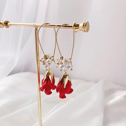 Red Rose Petal Earrings New Year Korean Online Red Ear Pendant High Sense 2020 New Style Ear Rings Elegant Ear Stud Fashion