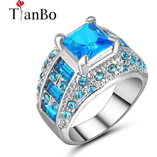 TianBo 2017 Beautiful Square Sky-blue / clear Zircon Cutting Ring Black / Gold / Silver Color Women Ring Fashion Jewelry Size 9