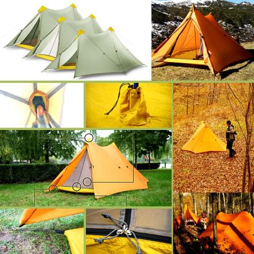 1.08kg Ultralight 2 Person 3 Seasons Camping Tent Nylon Silicon Coated Rodless 2-Tower Large Tent 570g Flysheet &510g Inner Tent