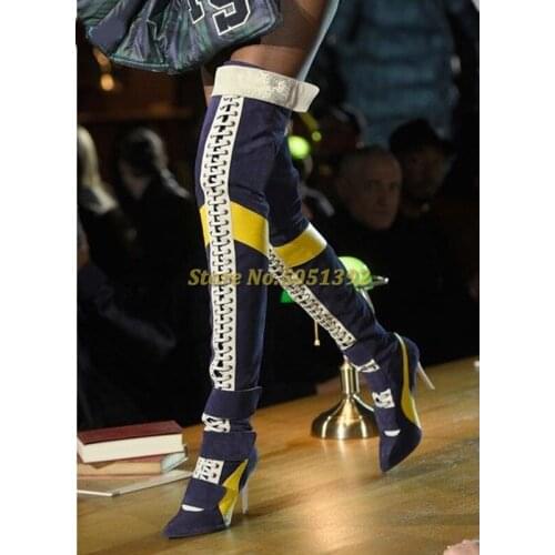 Blue Patchwork Thigh High Boots Women Pointy Toe High Heels Lace Up Boot Largas Sexy Woman Over The Knee Knight Boot