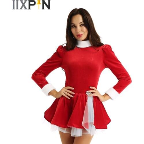 Women Christmas Ballet Dance Costume Skating Dress High Neck Long Sleeves Figure Ice Skating Roller Skating Velvet Leotard Dress