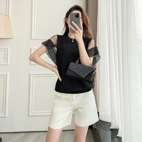Simple Ice Silk Sweater For Women Short Sleeved T Shirt Thin Pearl Decoration Chiffon Mesh Solid Color Short Sleeved Womens Top