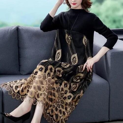 2021 Spring Fall Newly Women Turtleneck Embroidery Red Golden Floral Patchwork Dress , Woman Clothes 4xl 5xl Long Dresses