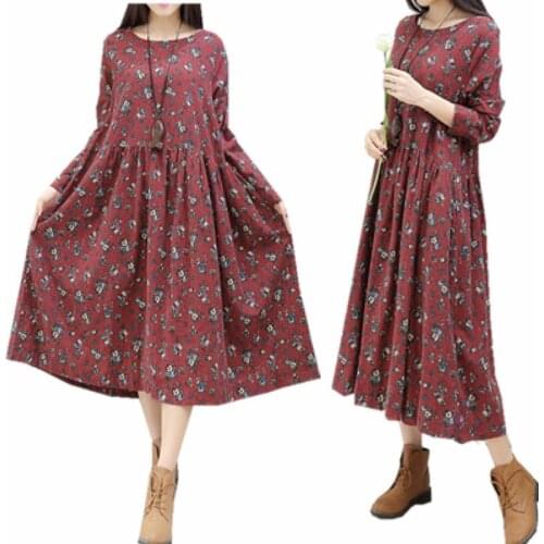 New Autumn Maxi Dress Vintage Floral Print Midi O-Neck Vestidos Graceful Slim Women Cotton Loose Dresses Mori Girl Dress,WH0199