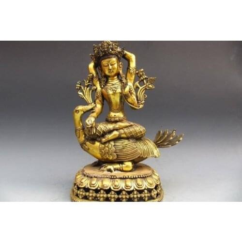 17"Tibet Fane Bronze Copper Gild Kwan-Yin Guan-yin Buddha Ride on Duck statue