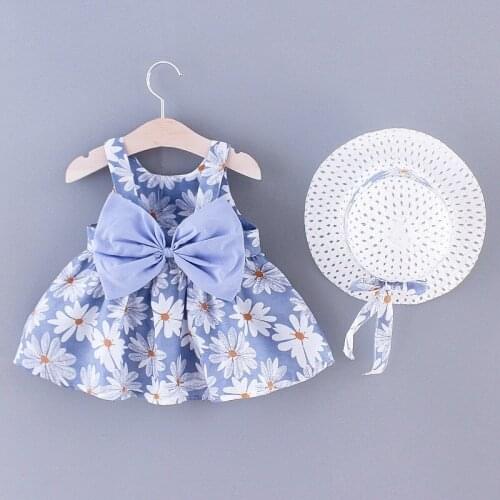 2020 New Fashion Baby Girl Dresses Princess clothing Cute 2pcs set Party Cotton Flower Children Bow Hat Sleeveless Sweet 1-3Y