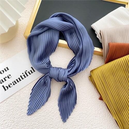 2021 Plain Women Square Silk Scarf Skinny Ribbon Head Neck Small Pleated Hair Tie Band Kerchief Satin Foulard Scarves Bag Wrap