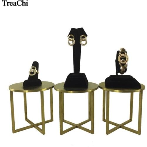 Promotion Round Gold Stainless Steel Counter Showcase Black Velvet Ring Earring Bangle Stud Jewelry Organizer Display Stand Kit