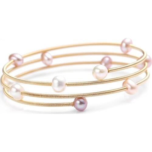 14k Gold-filled Handmade White Freshwater Pearl Wire Strings Bracelet Vintage Multi-layer Opening Bangle Wedding Jewelry
