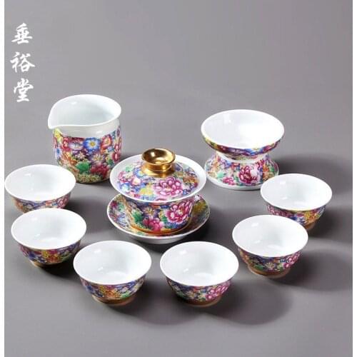 Enamel ceramic teapot cover bowl teacup set of Kungfu travel tea set