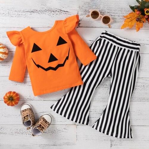 FOCUSNORM 2pcs Lovely Kids Girls Halloween Clothes Sets 1-6Y Pumpkin Printed Fly Sleeve T Shirts Tops Striped Flare Pants