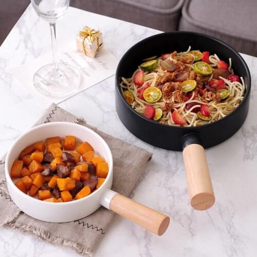 Nordic Round Steak Dinner Plate Pan With Wood Handle Creative Pasta Salad Bowl Simple Ceramic Food Container Kitchen Tableware