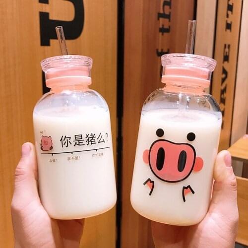 New 450ml Cute Cartoon Pig Glass Straw Cup With Double Lid Drinking Milk Juice Coffee Bottles Student Outdoor Sport Water Bottle
