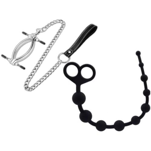 Metal female labia clip, clitoral G-spot stimulation, tease,0 Beads Plug Bondage Stimulator BDSM