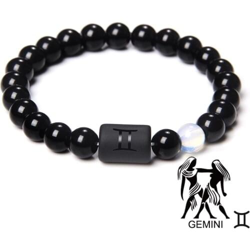 Fashion Gemini Sign Bracelet Punk Zodiac 12 Constellation Bracelets Natural Stone Sodalite Onyx Vintage Guardian Birthday Gift