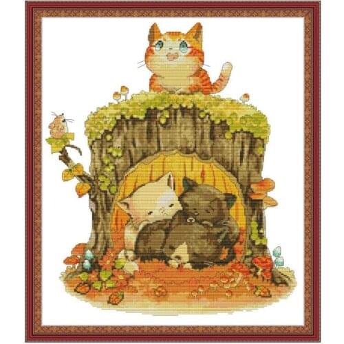 DA477 Kitten under the stump cross stitch kit aida 14ct 11ct count printed canvas stitches embroidery DIY handmade needlework
