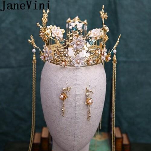 JaneVini Gold Long Tassel Bridal Crowns and Earrings Set Chinese Style Pearls Bead Women Bride Wedding Hair Accessories Headwear