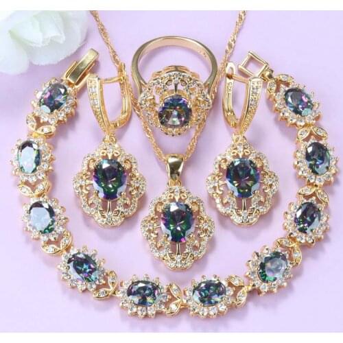AAA+ Mystic Rainbow Cubic Zirconia Flower Jewelry Sets Gold Colors Women Wedding Bridal Costume For Women
