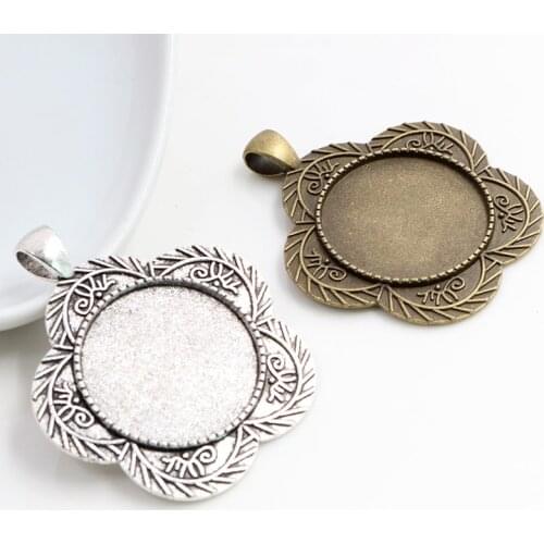 New Fashion 5pcs 25mm Inner Size Antique Silver Plated Bronze Flowers Cameo Cabochon Base Setting Charms Pendant