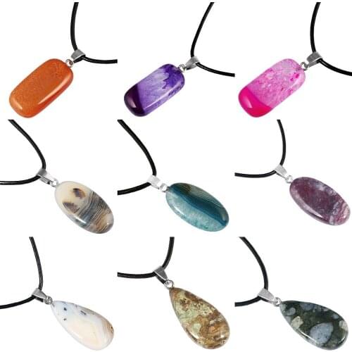 TUMBEELLUWA Oval/Teardrop/Oblong Gem stone Pendant Necklace Reiki Healing Crystal Amulet with Leather Cord Handmade Jewelry