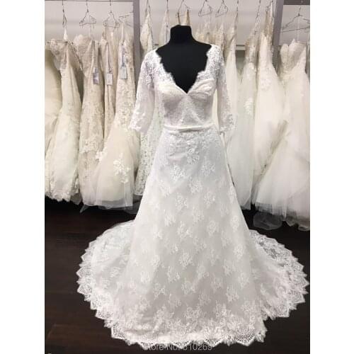 Real Made Wedding Dress Vestido De Noiva Custom Made Bridal Gowns V Neckline Long Sleeves Soft Lace Robe De Mariage