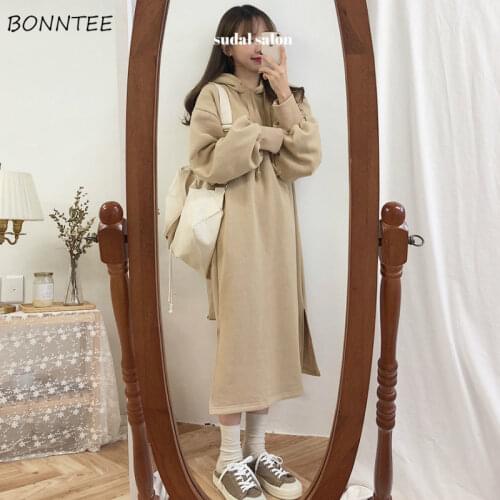 Long Sleeve Dress Womens Solid Loose Hooded Thickening Plus Velvet Elegant Oversize New Fashion Mid-calf Students Harajuku Femme