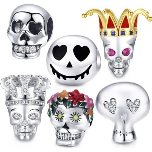 Fit original Pandora charm Halloween skull beads for women bracelet & necklace pendant 925 sterling silver jewelry making gift