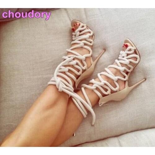 Young Ladies Graceful Rope Fastening Gladiator Sandals Thin High Heel Bowknot Pumps Cross Tied Ribbon Shoes Cage Sandals US10