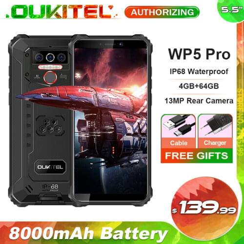 OUKITEL WP5 Pro 8000mAh Rugged Mobile Phone 4GB + 64GB 5.5'' Android 10.0 13MP Rear Camera IP68 Waterproof Smartphone