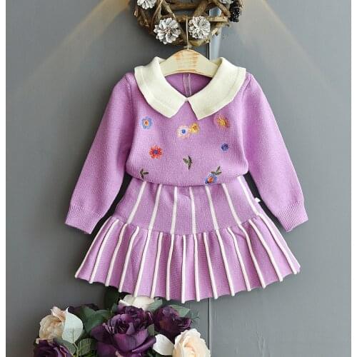 2021 Autumn Winter Girls' Clothes Suit Flower Embroidery Sweater With Striped Skirt Two-piece Knitted Clothing Girls Sweater Set