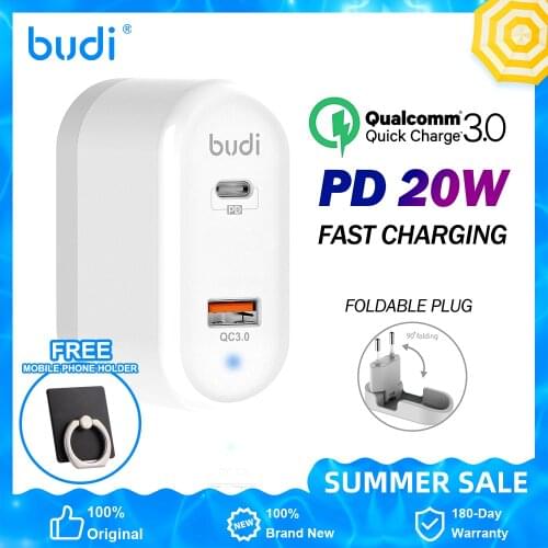 BUDI Quick Charge 3.0 QC PD Charger 20W QC3.0 USB Type C Fast Charger for iPhone 12 X Xs 8 Xiaomi Phone PD Charger Foldable Plug