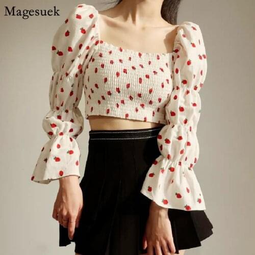 Vintage Print Strawberry Womens Shirts Slash Neck Puff Sleeve Woman Blouses Off Shoulder Tops Blusas Mujer De Moda 2021 14369