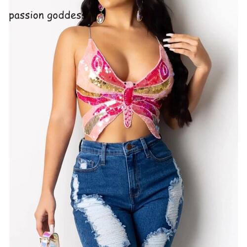 Summer Women Spaghetti Strap Bandage Butterfly Sequin Crop Top Backless Sexy Ladies Tops Vintage Womens Lace Up Tank Top T Shirt