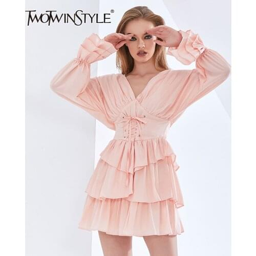 TWOTWINSTYLE Solid Color Ruffle Summer Dress For Women V Neck Flare Sleeve High Waist Bowknot Dresses Female Fashion New 2021