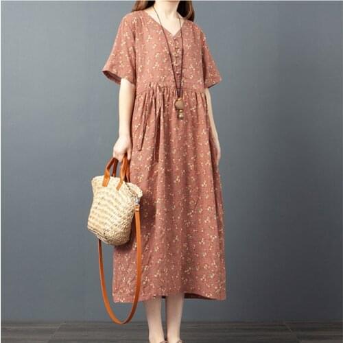 Print Floral Prairie Chic Travel Casual Dress 2021 New Arrival Short Sleeve Loose Summer Dress Cotton Linen Vintage Women Dress