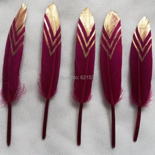 100pcs x 10-15cm GOLD Dipped Feathers,Gold Stripe Painted Wine Red Duck Cocottes Feathers for craft/millinery/flyfishing,BULK