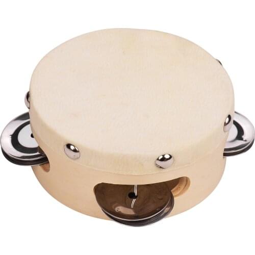 4 Inch Hand Tambourine with Metal Single Row Jingles Sheepskin Drum Skin Wooden Tambourines Entertainment Musical Timbrel