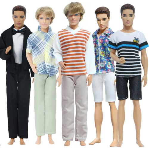 5 Pcs High Quality Doll Outfits Prince Striped Shirt Floral T-Shirt Pants Trousers Clothes for Barbie Doll Ken Doll Accessories