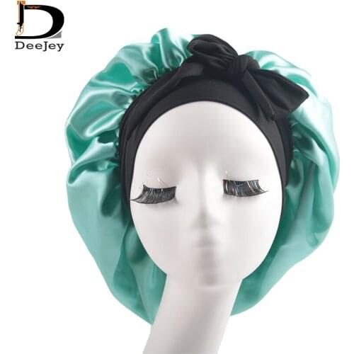 Customized logo print 2 layer polyester satin bonnets with elastic band tie edge protection adult size