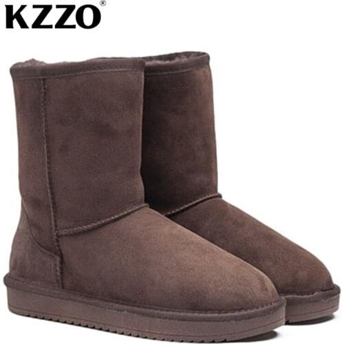 KZZO Australian Classic Mid-calf Men Snow Boots 100% Genuine Leather Natural Wool Lined Casual Winter Warm Non-slip Shoes 38-47