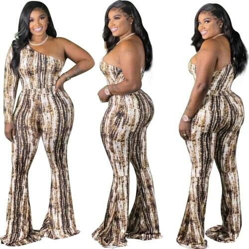 2021 Summer XL-4XL One Piece Jumpsuit For Women Clothing Plus Size One Shoulder Sexy Printed Skinny Wide Leg Romper Suits