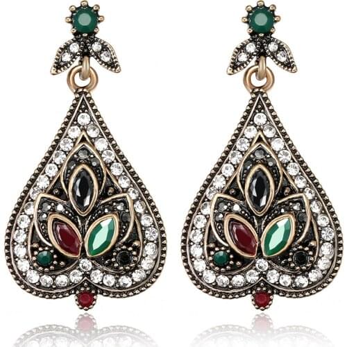 Megin D Silver Plated Waterdrop Color Stone Luxury Zircon Vintage Boho Indian Stud Earrings for Women Couple Friend Gift Jewelry