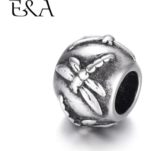 Stainless Steel Beads Dragonfly Patterned 5mm Hole Metal European Bead Supplies Handmade Bracelet DIY Jewelry Making Findings