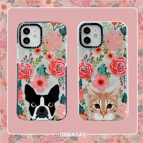 Cute dog cat floral cases for iphone 12 11 pro max phone case Iphone11 7 8 Plus 12 mini 11Pro X Xs Xr white black bumper cover
