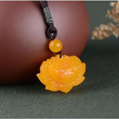 Fashion yellow Jade lotus Pendant Necklace Jewellery Chinese Hand-Carved Relax Healing Women Man Luck Gifts Amulet New