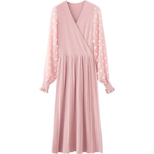 Fashion Women Chiffon Midi Dress Long Deep V Style Splice Dresses For Fall Spring Best Sale-WT