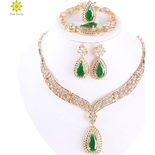 Fashion Crystal Necklace Collar Jewelry Sets For Women Party Accessories African Beads Earrings Bracelet Rings Set Vintage Green