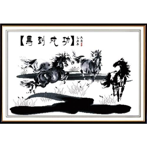 Four horses galloping ahead cross stitch kit counted aida 14ct 11ct black hand embroidery DIY handmade needlework supplies bag