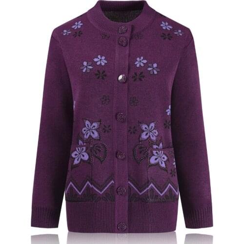 Autumn Winter 2021 Cardigan Tops Half High Collar Long Sleeve Button Flower Printed Sweater Middle-aged Mothers Knitwear Clothes
